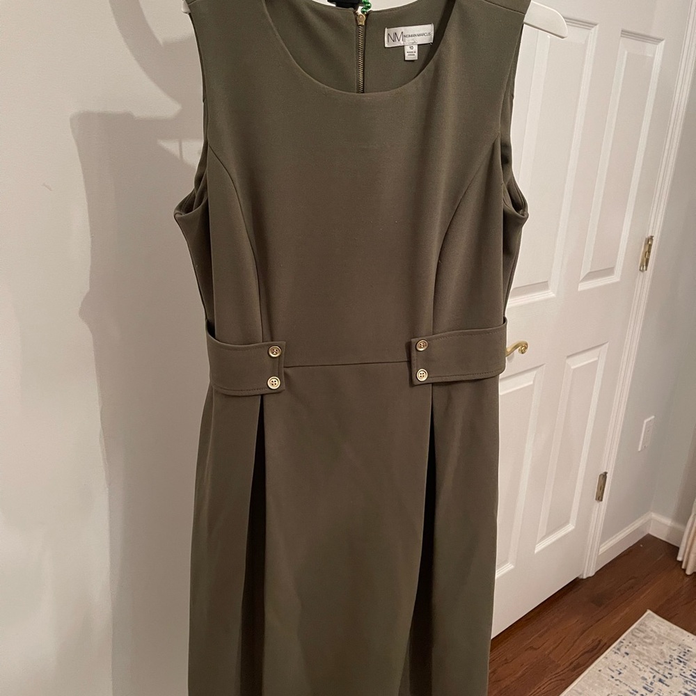 Neiman Marcus Khaki Midi Dress with Gold Accents